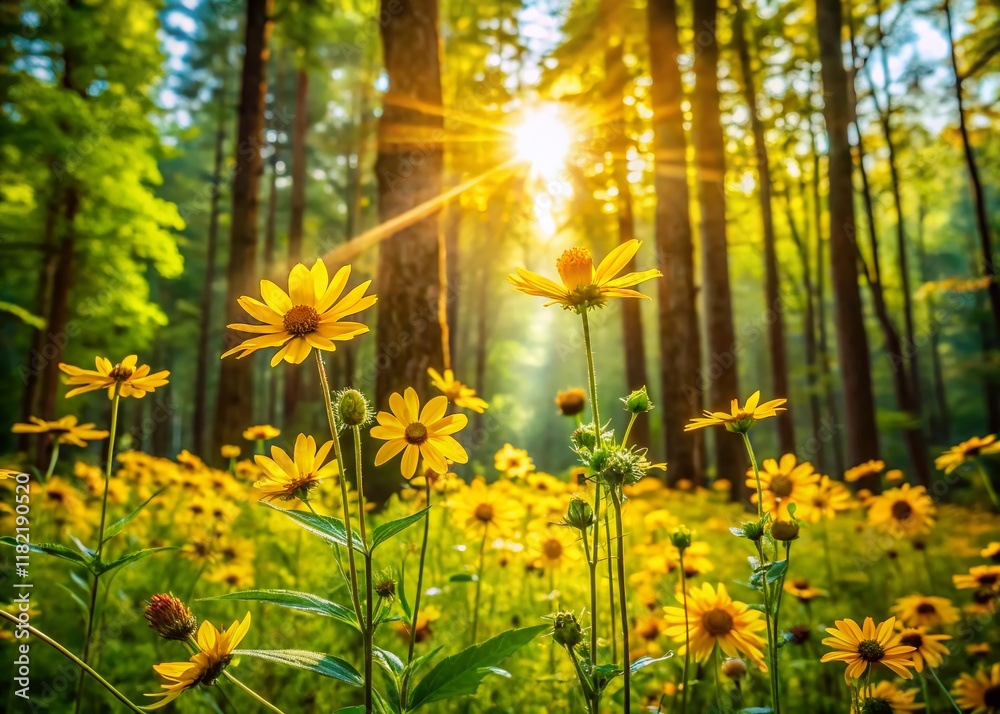 Fototapeta premium Sunny Summer Meadow: Vibrant Yellow Wildflowers in a Lush Forest Landscape