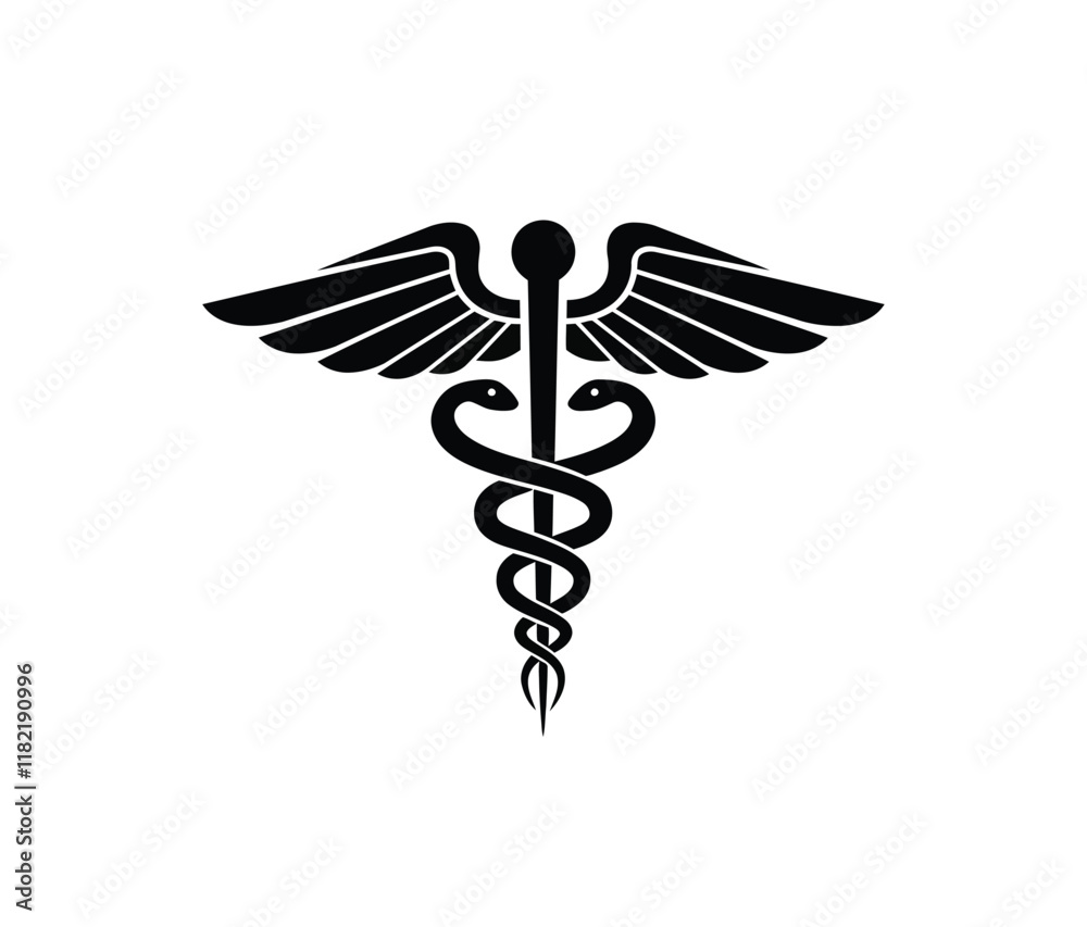 Medical emblem snake icon in black monochrome style isolated on white background. Medicine symbol vector illustration