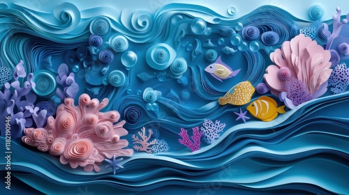 Creating Paper Craft Art Turquoise Waves and Pink Coral Reef Scene photo