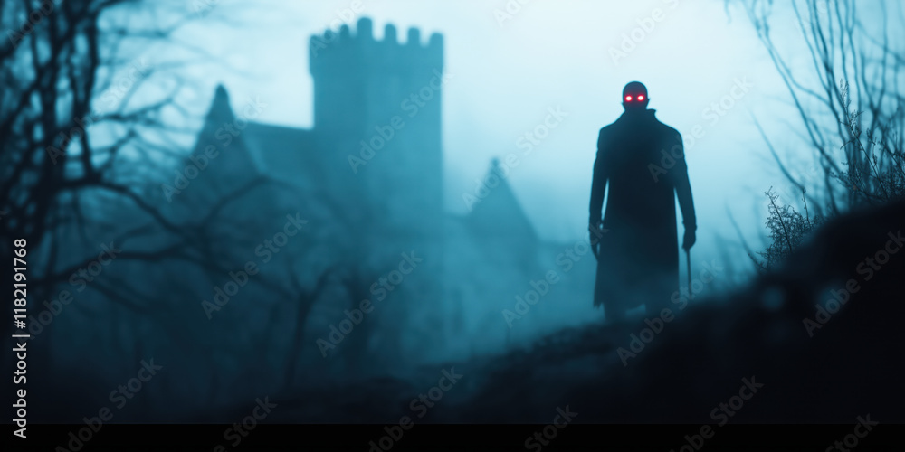 Dark figure with red eyes near castle in fog. Horror game concept Dark figure with red eyes near castle in fog. Horror game concept