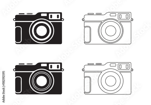 A set of simple, black-and-white icons depicting various camera and lens designs in solid and outline styles. Collection of Black and White Camera and Lens Icon bundle.