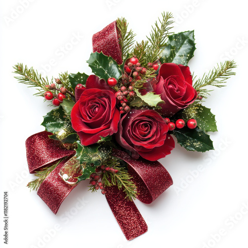 Festive rose bouquet with red roses, holly, and pine for holiday celebration