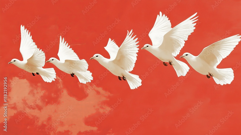 Obraz premium White birds flying peacefully in the sky n a red background.