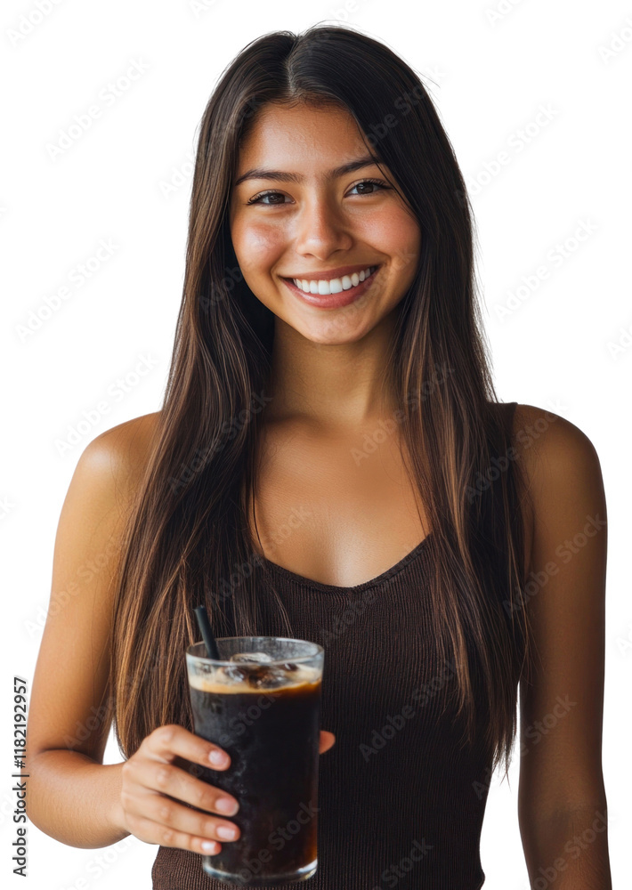 PNG Portrait of happy teenage woman isolated on white background beverage coffee smile.