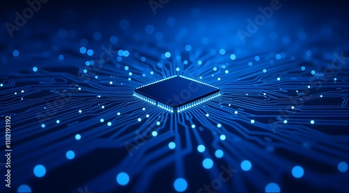 A glowing blue microchip at the center of an illuminated digital circuit board, radiating energy and representing futuristic technology and advanced computing. photo