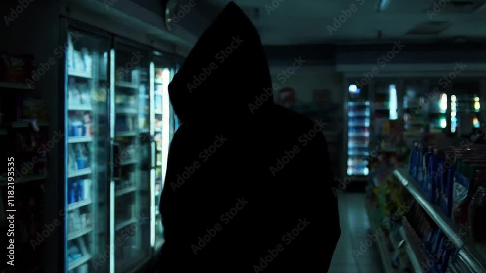 Dark Convenience Store With Illuminated Shelves and Shadowy Figure at Night Dark Convenience Store With Illuminated Shelves and Shadowy Figure at Night
