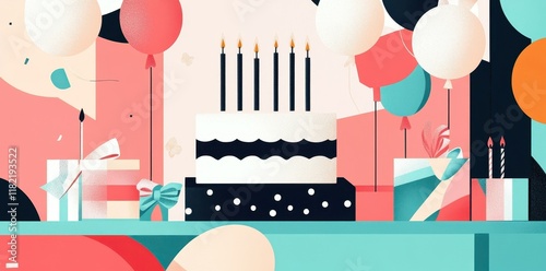 Festive Birthday Cake Scene With Balloons And Gifts photo