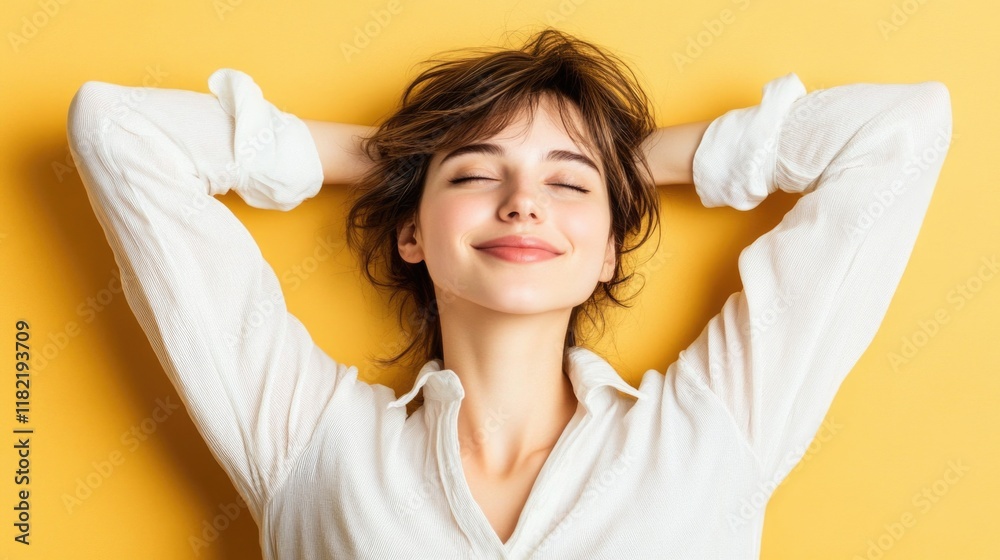 Relaxed young caucasian female enjoying peaceful moment against yellow background Relaxed young caucasian female enjoying peaceful moment against yellow background