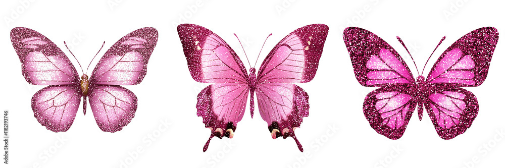 Obraz premium Set of A pink butterfly with white spots resting with wings fully open, sharp focus on the texture and veins of the wings on transparent png background