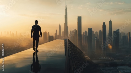 Silhouette businessman walking on a rooftop edge, overlooking futuristic city skyline at sunset.