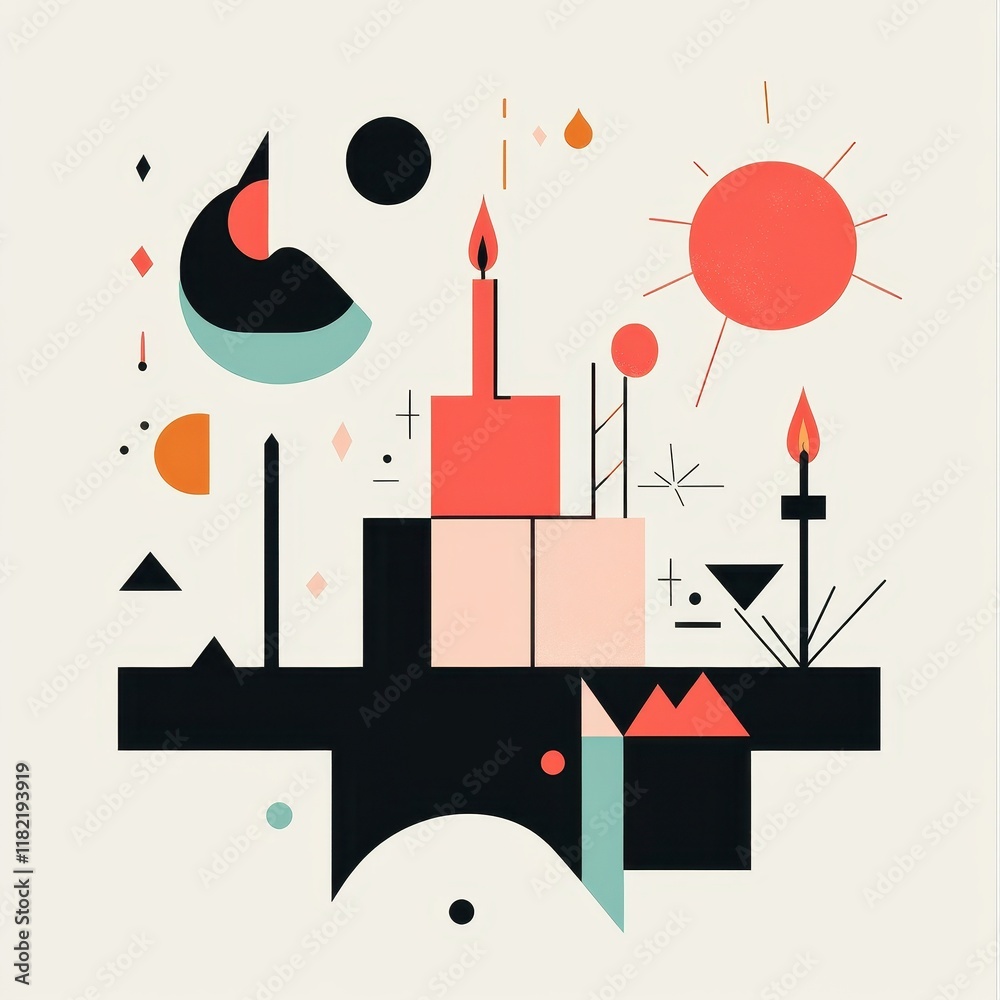 Obraz premium Abstract Geometric Composition Featuring Candles and Sun
