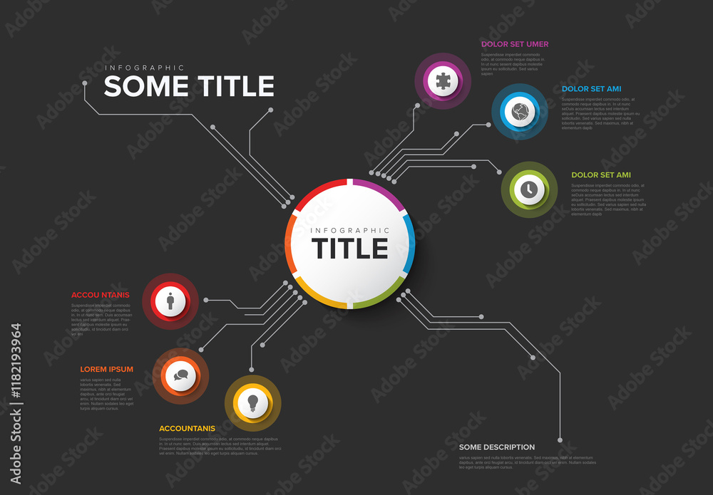Colorful dark circular infographic with various icons and text around a central circle