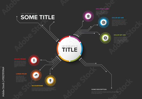 Obraz na płótnie Colorful dark circular infographic with various icons and text around a central circle w salonie