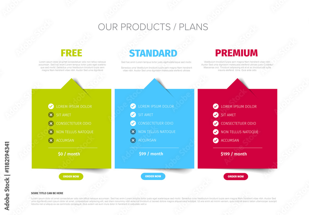 Pricing Plan Comparison Template with free, standard and premium subscription options