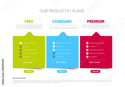Obraz na płótnie Pricing Plan Comparison Template with free, standard and premium subscription options w salonie
