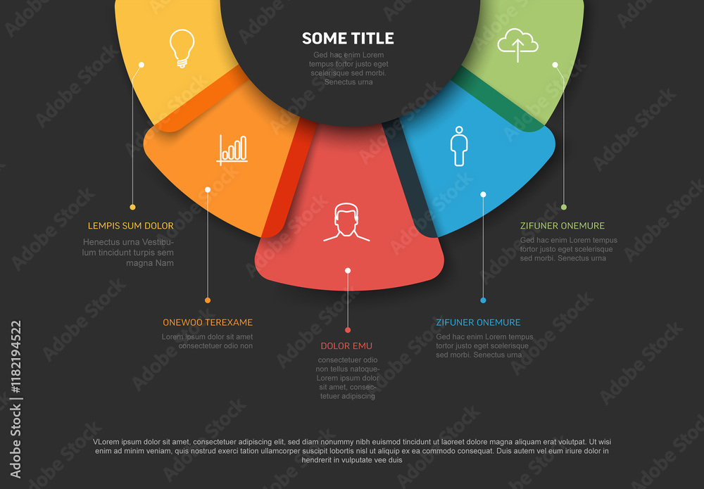 Infographic template with five color element options on top fan infochart scheme diagram