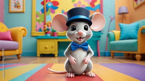Adorable cartoon mouse in top hat and bow tie, sitting on a colorful rug in a vibrant playroom. Perfect for children's books, websites, or greeting cards.