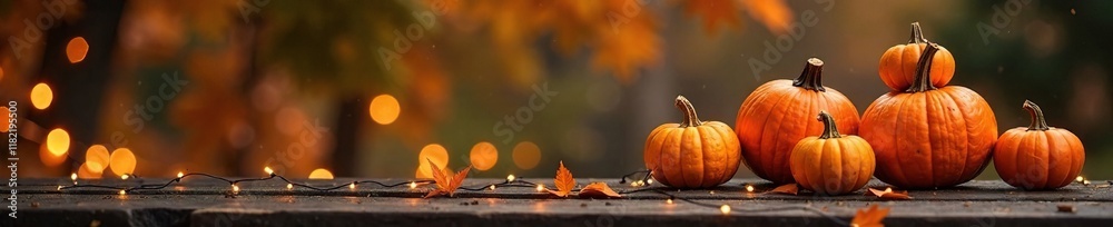 Stacked pumpkins on wooden boards with twinkling lights create a warm autumnal ambiance, rustic, glowing, holiday Stacked pumpkins on wooden boards with twinkling lights create a warm autumnal ambiance, rustic, glowing, holiday