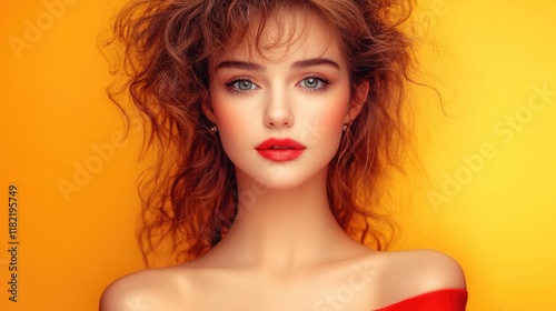 Young caucasian female with red lipstick and curly hair against yellow background
