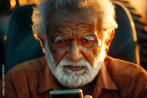 Elderly farmer using mobile near tractor photo