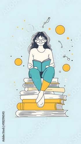 A flat vector illustration of an adult woman sitting on top of three books