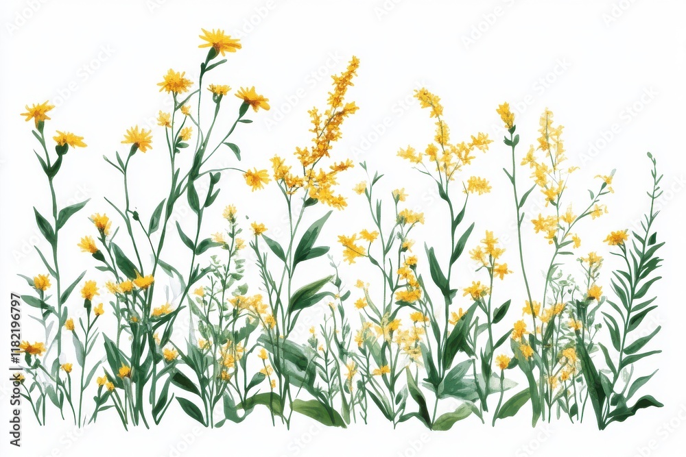Fototapeta premium Goldenrod blooms against a pristine backdrop perfect for botanical enthusiasts and nature-focused projects. Ideal for prints, wallpapers, and educational materials