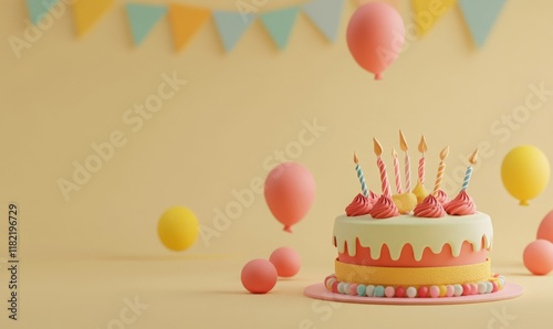 Festive birthday scene featuring a decorated cake with candles, floating balloons, and bunting on a soft pastel background.
