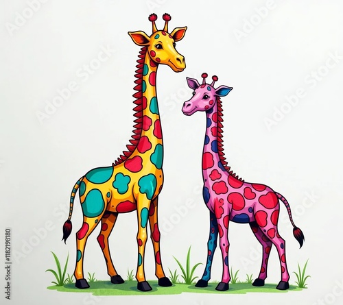 Adorable Parent and Baby Giraffe Duo in Cartoon Style on Clean Background