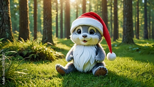 Adorable cartoon squirrel wearing a Santa hat sits in a sun-drenched forest clearing.  Perfect for Christmas cards or winter holiday themes. photo