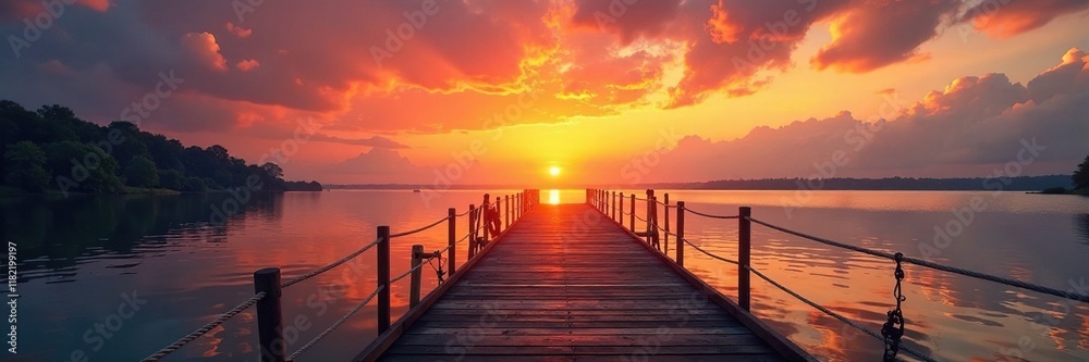 Fototapeta premium Sunset over the calm waters of a wooden bridge, peaceful, sunset