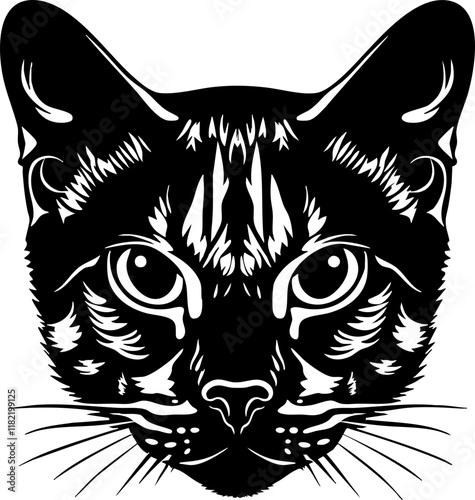 Bengal Tiger cat | Realistic cat face vector | Minimalist silhouette | Bold, clean lines | Detailed Feline face illustration | High-contrast black on white | Simplified SVG