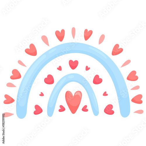 Cartoon rainbows with hearts, in pastel colors, isolated on a white background. Cute bright colorful arch elements isolated vector set for baby or kids design. Rainbow shaped collection.