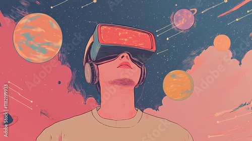 A man wearing a VR helmet immerses himself in virtual reality