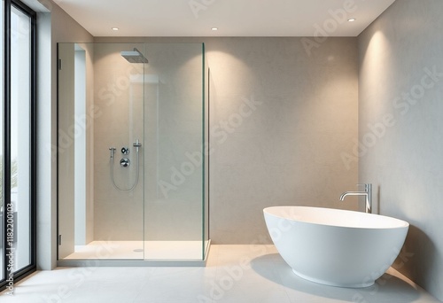 Modern shower room interior with glass enclosure and rainfall showerhead