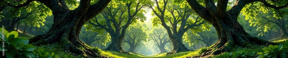 Tall trees with thick trunks and gnarled branches, canopy, leaves, foliage Tall trees with thick trunks and gnarled branches, canopy, leaves, foliage