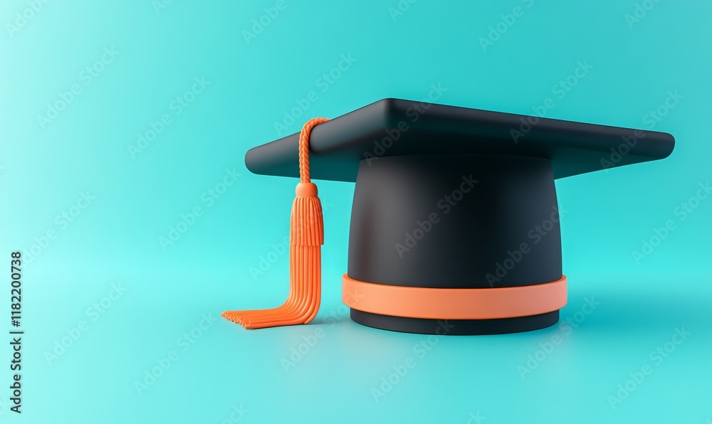 Minimalist black 3D graduation cap with orange tassel placed on bright turquoise backdrop symbolizing education, achievement, and success.