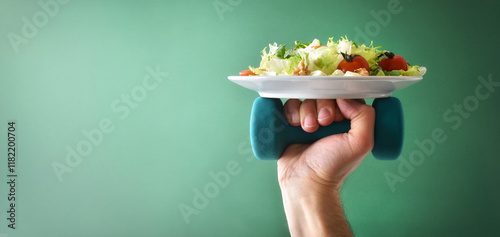 Healthy lifestyle background with hand holding dumbbell and salad