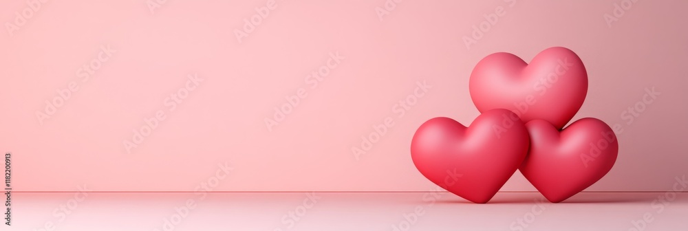 Minimalistic composition of 3D red hearts resting on a soft pink surface, for designing Valentine's Day, Mother's Day, and other festivals and romance.