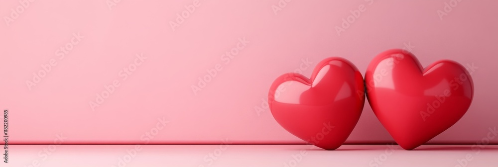 Minimalistic composition of two 3D red hearts resting on a soft pink surface love, relationships, and romance.
