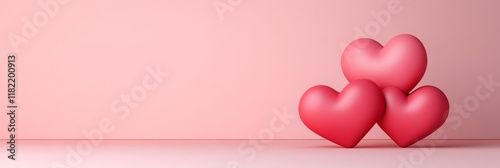 Obraz na płótnie Minimalistic composition of 3D red hearts resting on a soft pink surface, for designing Valentine's Day, Mother's Day, and other festivals and romance. w salonie