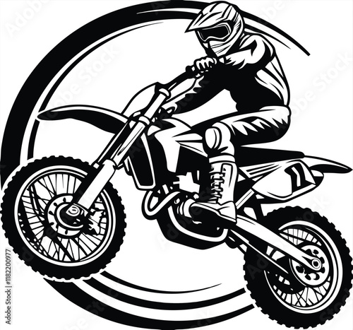 Motocross Rider Action, Extreme Sport, Dirt Bike, Freestyle, Adrenaline Rush, Black and White Graphi
