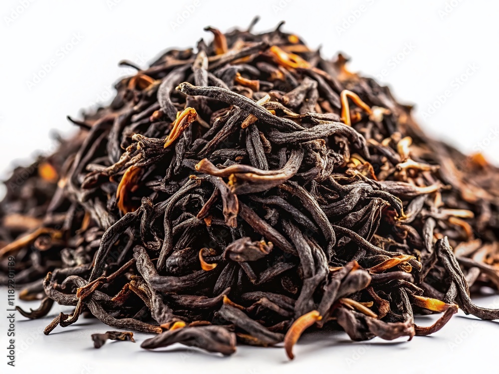 Obraz premium Surreal Close-up of Dried Black Tea Leaves on White Background - Abstract Texture