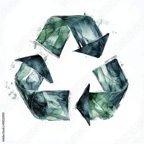 Watercolor-style recycling symbol with textured green arrows, symbolizing sustainability, eco-consciousness, and environmental responsibility. AI generative.