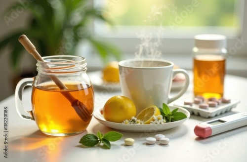 Hot tea in a mug, honey in a jar, lemon, treatment, recovery
