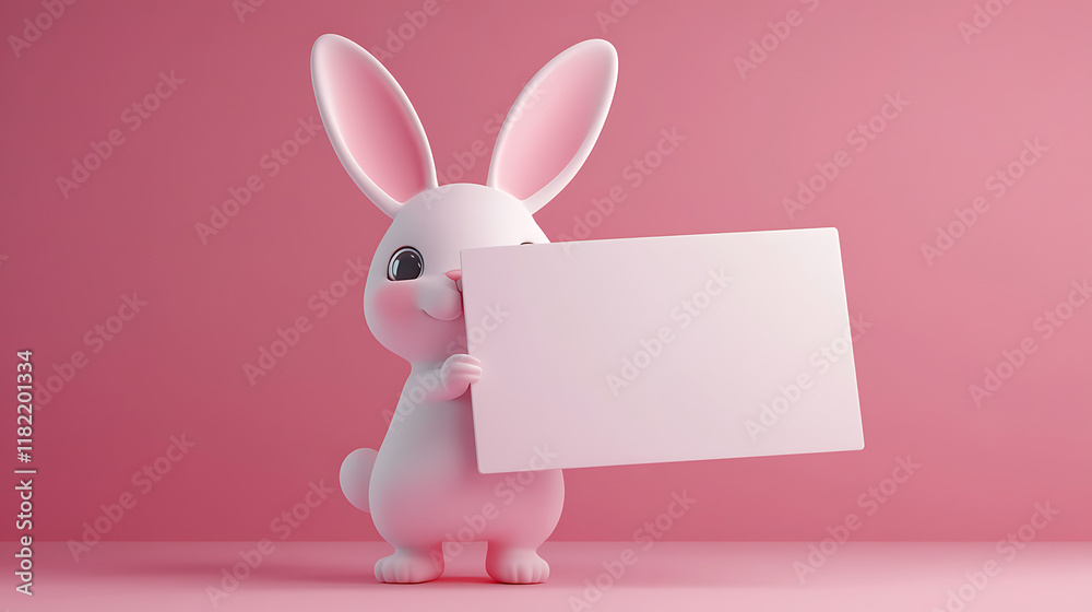 Obraz premium A cute, pink rabbit holding a blank sign against a soft pink background.