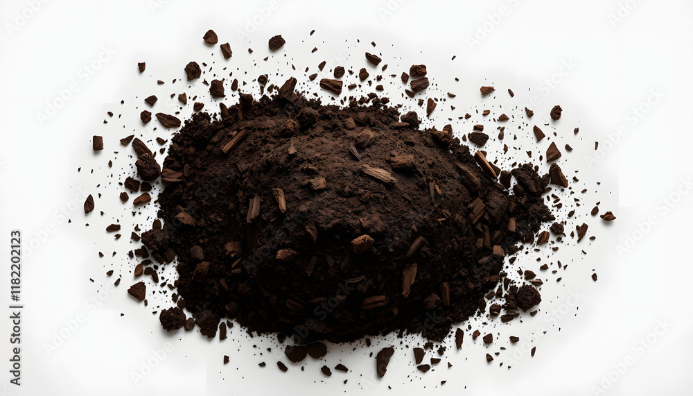 Pile of soil on white background, top view, Diffused lighting