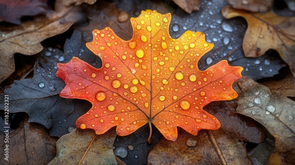 A vibrant autumn leaf with water droplets on it. A vibrant autumn leaf with water droplets on it.
