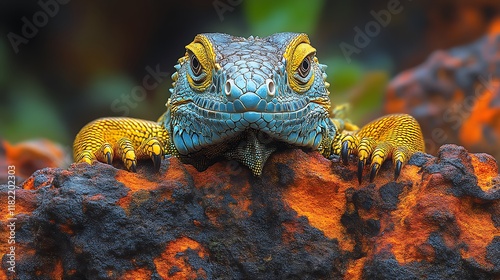 Vibrant Blue and Gold Iguana on Rustic Rock: A Striking Close-Up photo