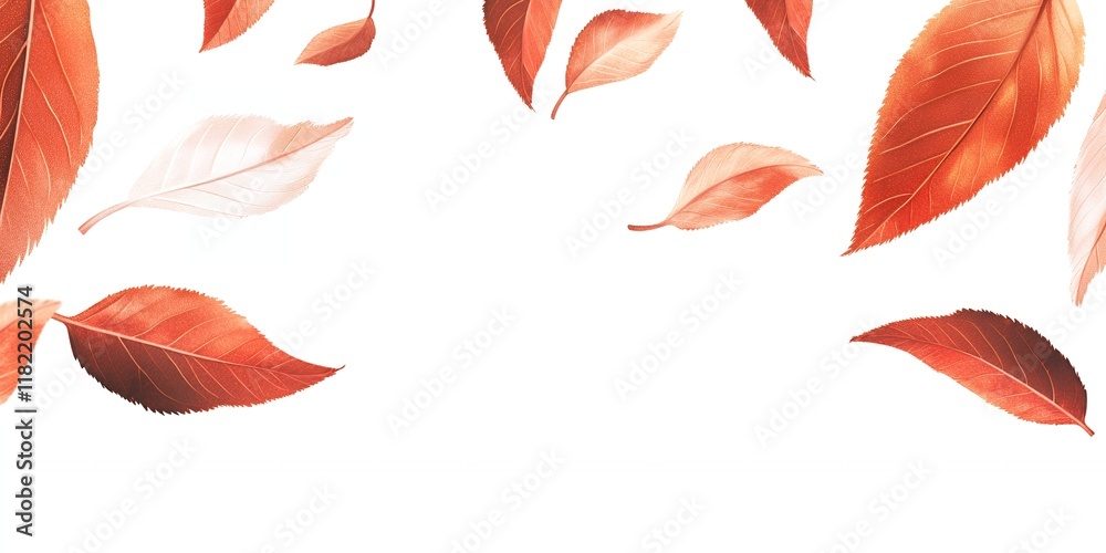Obraz premium Vibrant Red and Peach Autumn Leaves Falling on White Background Seasonal Design