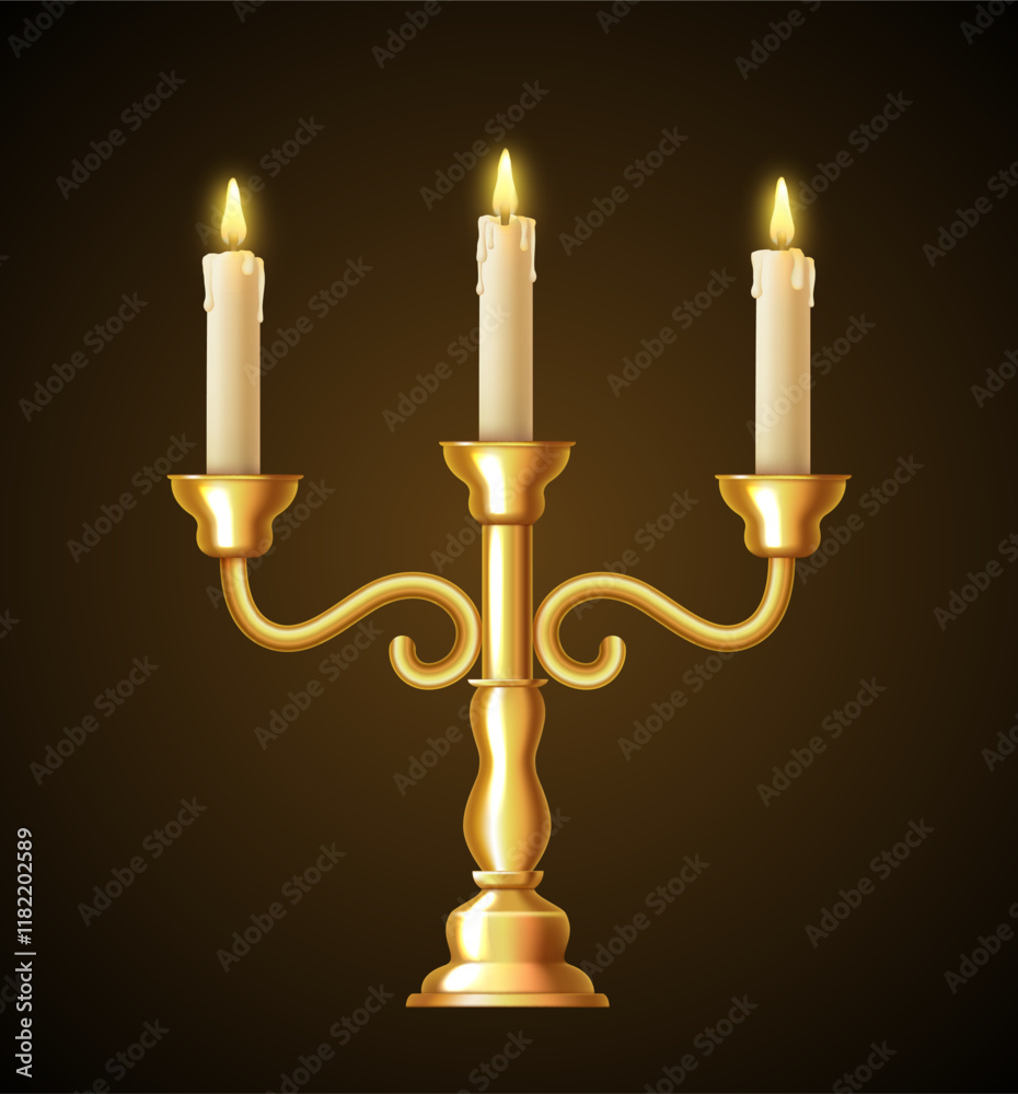 Three-arm candlestick. Golden candlestick. Candelabrum. Vector 3d clipart isolated on black background. Three-arm candlestick. Golden candlestick. Candelabrum. Vector 3d clipart isolated on black background.